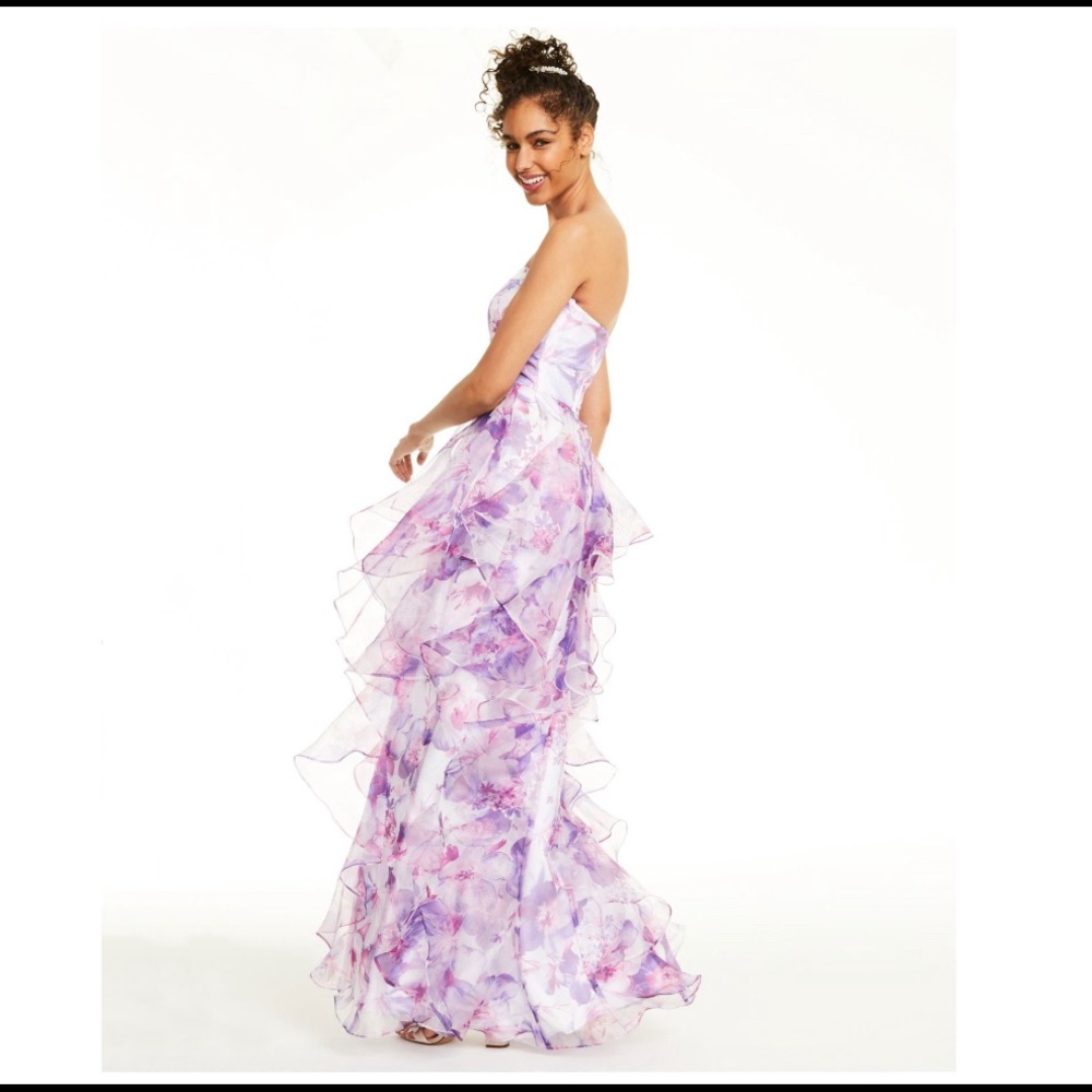 SAY YES TO THE PROM Ruffled Floral Strapless Formal Dress